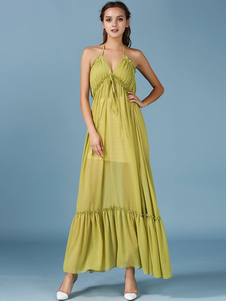 Spaghetti sangles Slip en mousseline de soie robe Womens plissé robe longue d’été