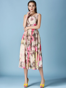 Robe d’été sans manches imprimé Floral robe longue plissée