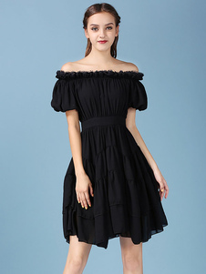 Off-the-Shoulder couches Puff Sleeve ruché robe Skater robe féminine noire