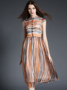 Skater Stripe Stand Orange Collier bouton en mousseline de soie robe des femmes