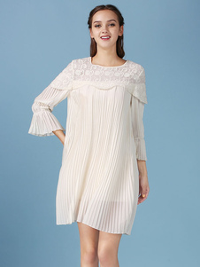 Dentelle mousseline de soie robes robes tunique plissée demi-manchon pour femmes