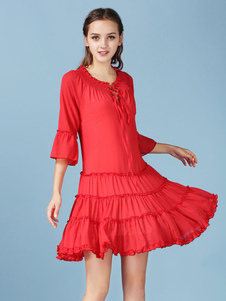 En mousseline de soie robe de ruché demi-manchon Skater rouge robe féminine