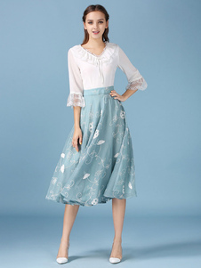 Skater imprimé robes robes pour femmes v-cou dentelle demi-manchon volants en mousseline de soie