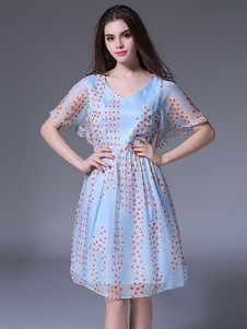 Col en v Skater bleu robe féminine en mousseline de soie robe imprimée