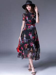 Les robes en mousseline de soie noires imprimée les robes des femmes Long Beach à manches courtes av