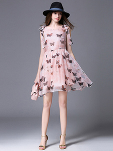 Arcs mousseline imprimée robes Skater doux sans manche plissé robes féminines