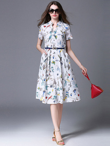 Robes chemise plissée avec Floral imprimé manches courtes Robes de mousseline de soie ceinture fémin