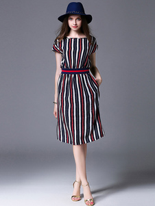 Séduisante robe skater mode en lin de coton bleu avec rayure plissé plissé col rond