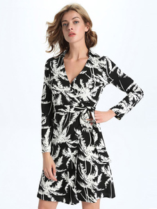 Patineuse noire robes col v manches longues imprimé Flare Casual robes pour femmes