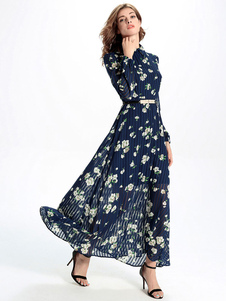 Manches longues Maxi robe mousseline de soie marine Floral robe longue imprimée