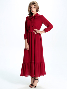 Manches longues rouge Maxi robe mousseline de soie plissée robe Vintage avec Bow