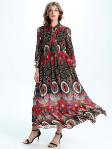 Robes plissées embelli col manches longues imprimé en mousseline de soie robes pour femmes