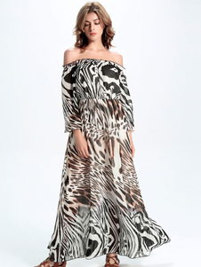 Léopard robes robes longues en mousseline de soie dos-nu féminin Off-the-Shoulder