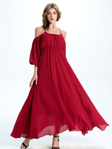 Robe Maxi rouge épaule froide en mousseline de soie robe longue partie