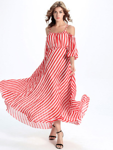 Bretelles rouge et blanc rayé en mousseline de soie robe longue