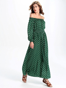 Au large de l’épaule flanelle robe manches longues à pois