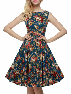Bijou sans manches Vintage Floral Print Dress
