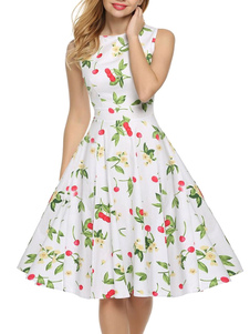 Bateau robe sans manches Floral Print Vintage avec jupe ample