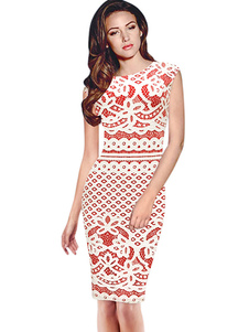 Robe crayon forme mince robe Bodycon rouge dentelle sans manches femmes