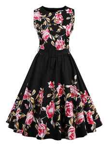 Noir fleur fleurs impression Vintage robe de sortir