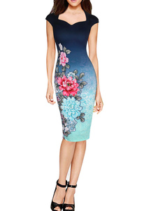 Ombre Bleue Cap manchon crayon robe Sweetheart Bodycon imprimé Floral