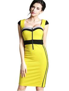 Bouchon carré manches Bodycon Dress avec Zip devant