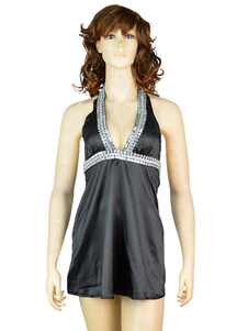 Chemise de nuit sexy noir plongée Halter Backless Sleepwear