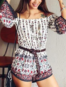 White hors les épaule barboteuse Style Boho imprimé manches longues