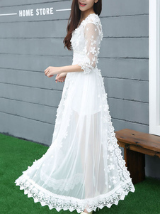 Robe blanche Half Sleeve Split dentelle robe Maxi