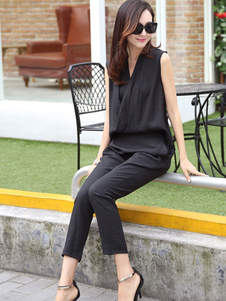 Combinaison longue noire à col en v sans manches & Croix avant pour femmes