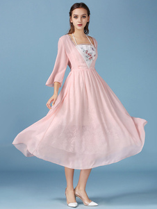 Rose manches longues plissé surdimensionné robe Maxi