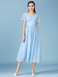 Lumière bleu Long été robe dentelle manches courtes en mousseline de soie robe Maxi