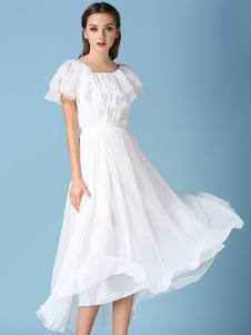 Robe Maxi blanche sur l’épaule Ruffles robe longue d’été