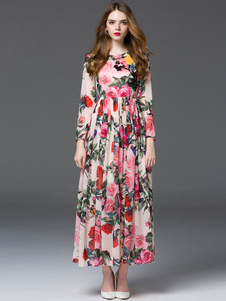 Manches longues plissé imprimée en mousseline de soie robe Maxi