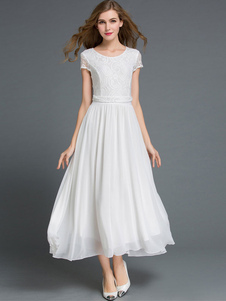 Robe bohème couleur unie dentelle plissée en mousseline de soie robe Maxi