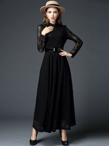 Manches longues dentelle Sash semi sheer Maxi robe plissée