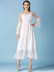 Illusion manches longues Layered longue robe blanche