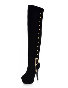 Black plate-forme Suede Boots féminines ronde Toe chaînes des détails en métal Long talons bottes