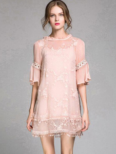 Maj sexy robes Stand collier semi Sheer des robes courtes Flare demi-manchon découpes féminines