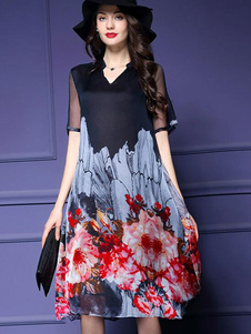 Maj imprimé robes décolleté cranté demi-manchon semi Sheer occasionnels les robes des femmes