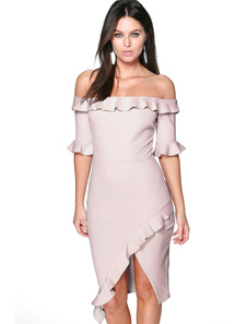 Robe Bodycon hors-la-épaule manches courtes volants femmes Split robe fourreau Sexy