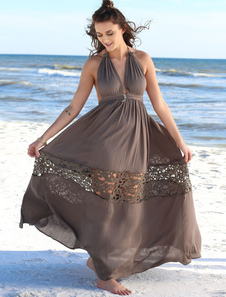 Robe longue en mousseline de soie féminine licol décolleté plongeant découpe dos nu robe Maxi