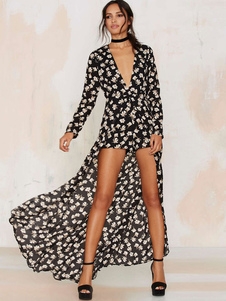 Robes femmes imprimées plongeant décolleté manches longues robes de mousseline de soie haute basse S