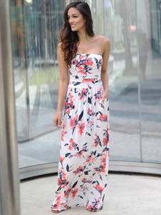 Blanc Maxi robe en mousseline de soie Floral impression sans bretelles étage longueur robe pour les 