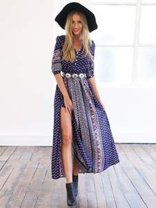 Tribal Boho imprimé manches longues haute Split Maxi robe