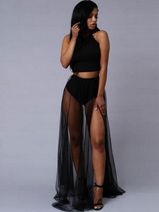 2 pièces Clubwear ensemble des femmes mousseline de soie noire Cropped Top et Sheer Split jupe Sexy