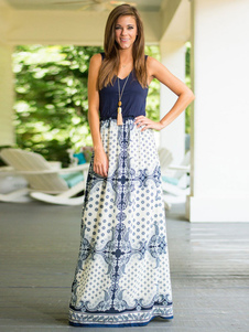 Bohème bleu Maxi robe imprimée robe longue sans manches pour femmes