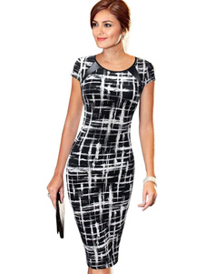 Col rond Cap Sleeve imprimé robe crayon