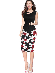 Midi fleuri robe asymétrique crayon élégant