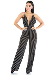 Bande noire Jumpsuit féminin avec décolleté plongeant sangle croisée dos